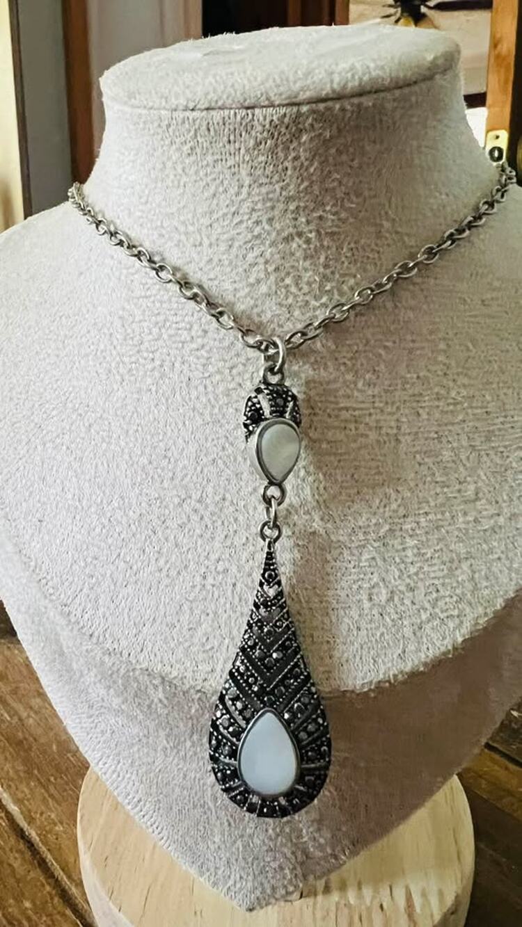 Vintage Style 16” Marcasite and Mother of Pearl Teardrop Pendant Necklace